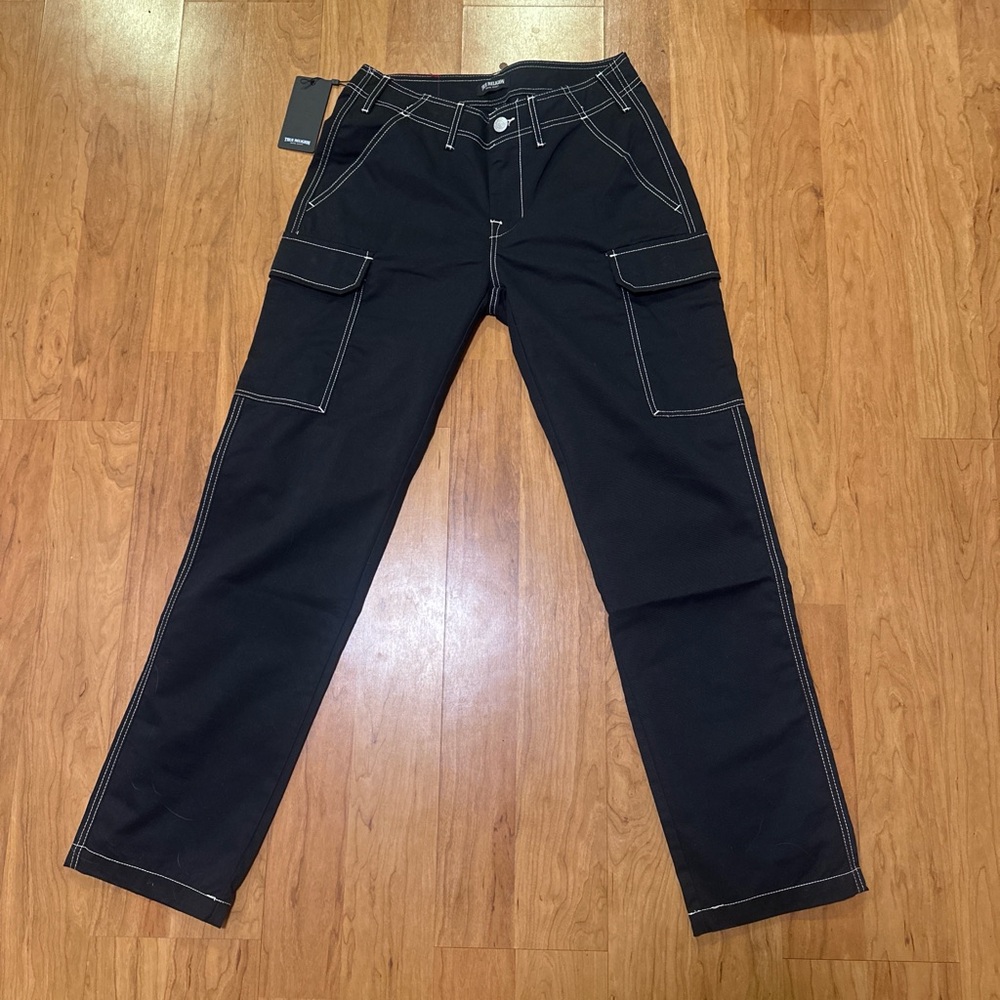 True Religion Black Cargo Pants with White Stitching